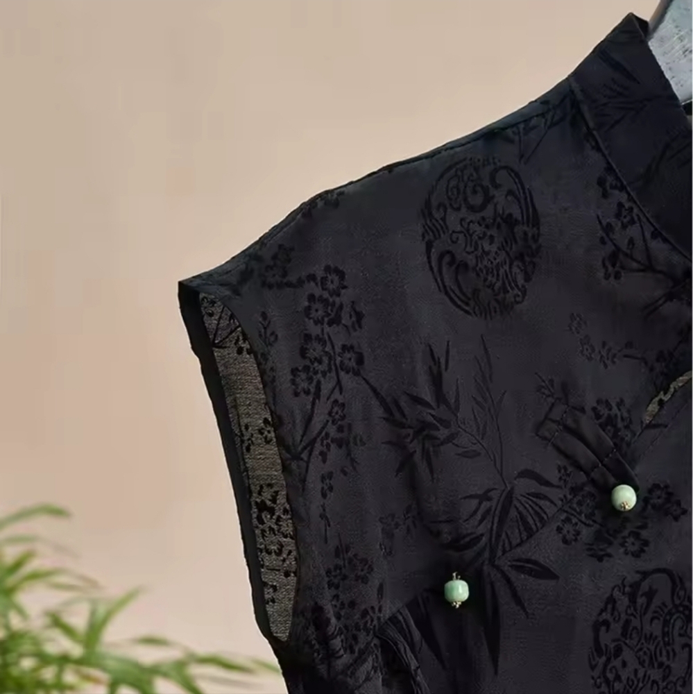 Retro Thin Shirt New Chinese Style Cheongsam TopBlack Jacquard Short Sleeve T-s - Picture 4 of 6